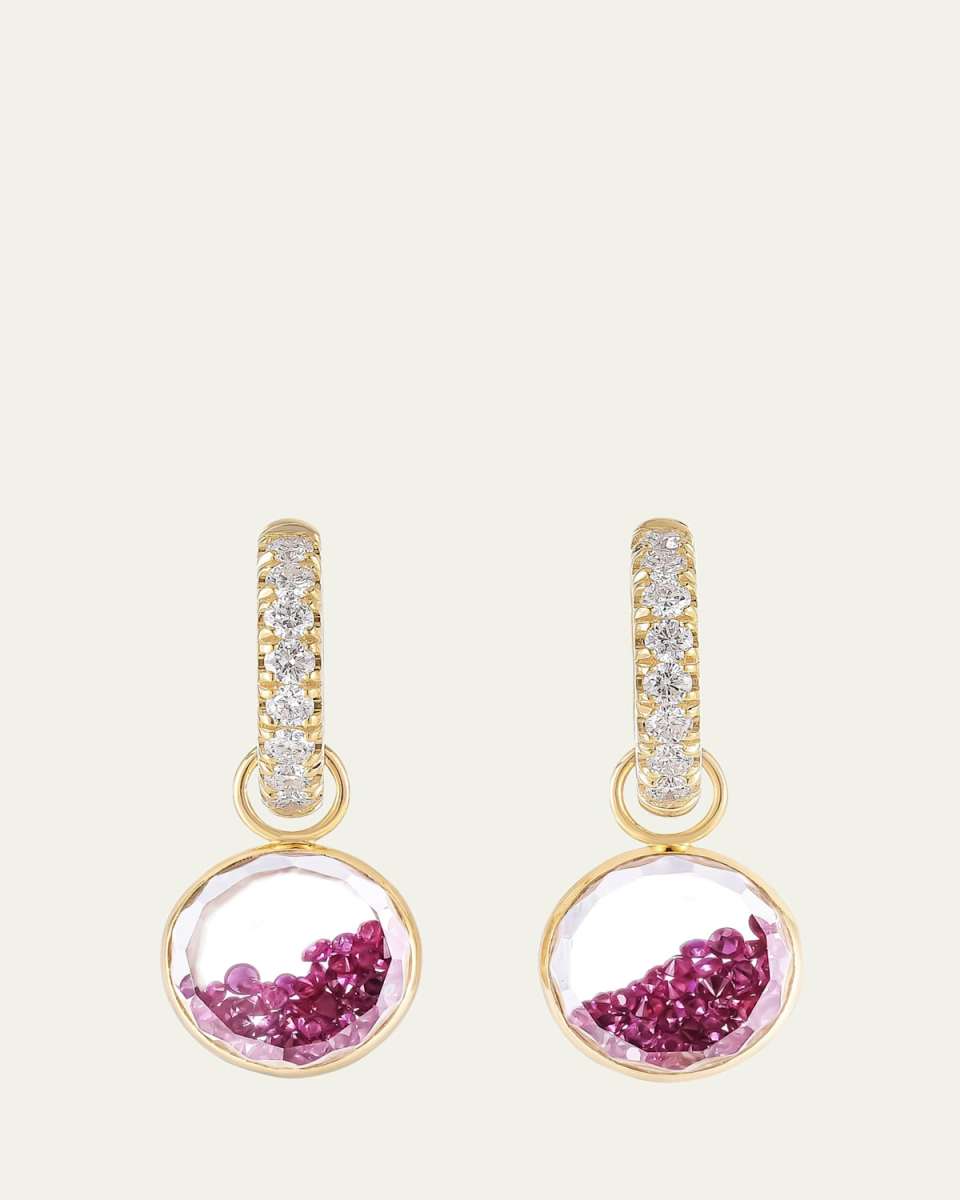 18K Yellow Gold Gala Shaker Huggie Hoop Earrings with Rubies, Diamonds and Kaleidoscope Shaker